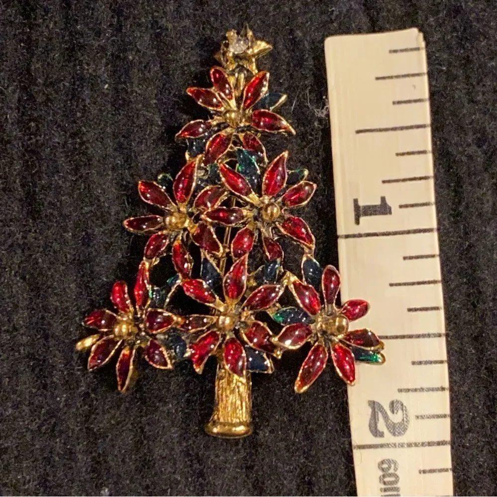 Christmas Poinsettia Tree Pin Brooch LIA Enamel - Picture 4 of 4